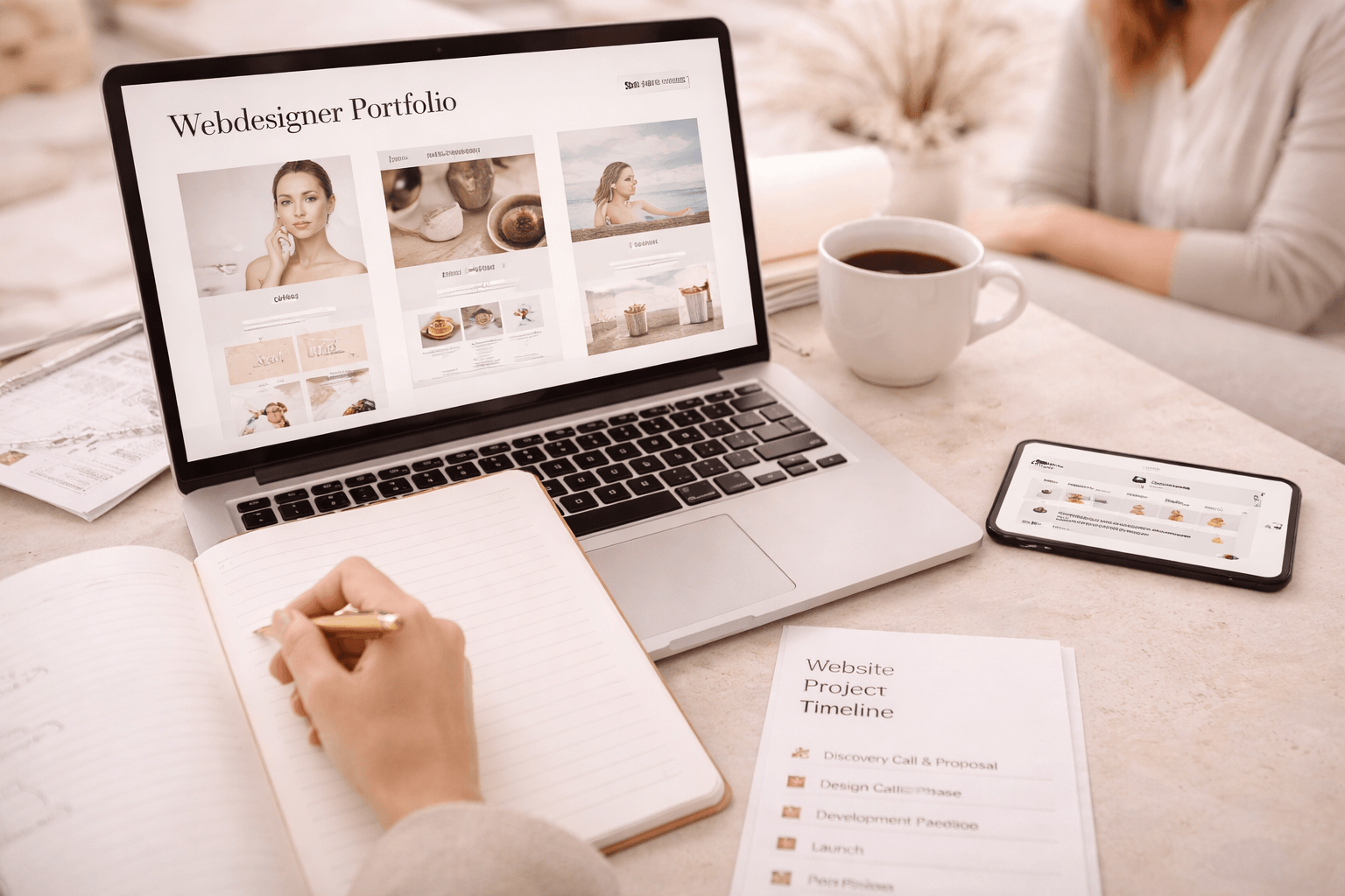 Meeting laptoppal és jegyzetfüzettel - Weboldal készítő kiválasztása